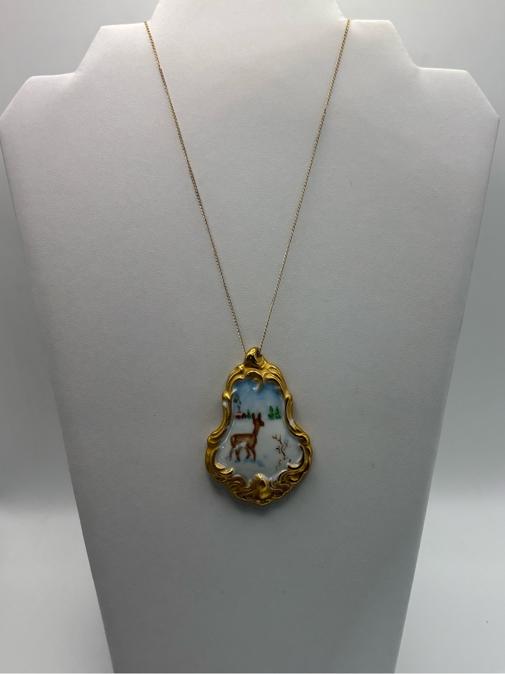 Vintage Gold Framed Porcelain Deer Pendant Necklace